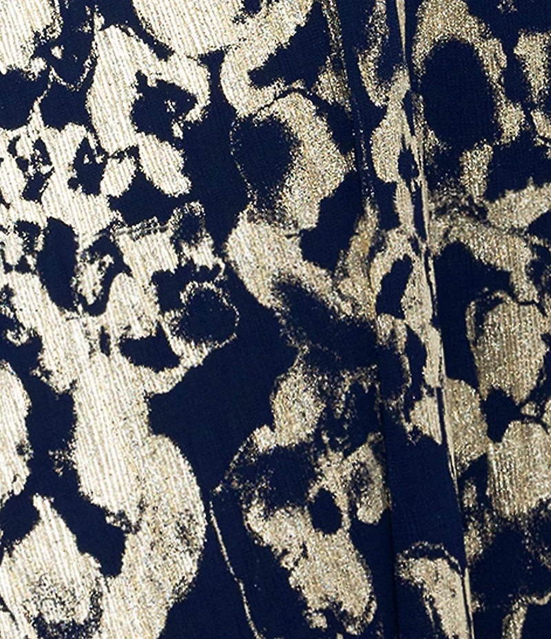 Betsy & Adam Plus Size Abstract Print Foil Metallic Crinkle Mesh V-Neck Long Illusion Balloon Sleeve Gown