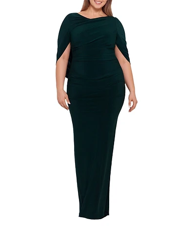 Betsy & Adam Plus Size Boat Neck 3/4 Drape Sleeve Gown
