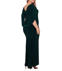 Betsy & Adam Plus Size Boat Neck 3/4 Drape Sleeve Gown