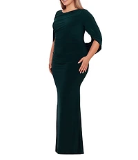 Betsy & Adam Plus Size Boat Neck 3/4 Drape Sleeve Gown