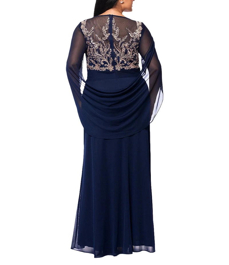 Betsy & Adam Plus Size Boat Neck Cap Sleeve Drape Back Chiffon Applique Sheath Gown