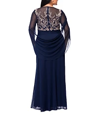 Betsy & Adam Plus Size Boat Neck Cap Sleeve Drape Back Chiffon Applique Sheath Gown