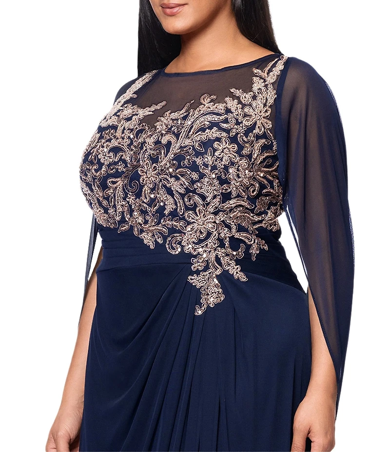 Betsy & Adam Plus Size Boat Neck Cap Sleeve Drape Back Chiffon Applique Sheath Gown