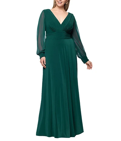 Betsy & Adam Plus Size Chiffon Mesh V-Neck Long Sleeve Gown