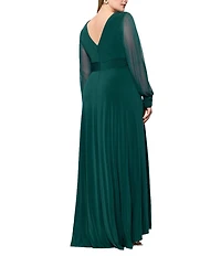 Betsy & Adam Plus Size Chiffon Mesh V-Neck Long Sleeve Gown