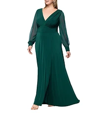 Betsy & Adam Plus Size Chiffon Mesh V-Neck Long Sleeve Gown