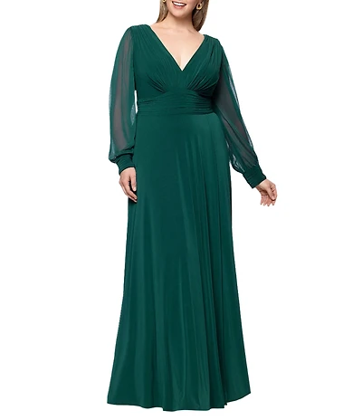 Betsy & Adam Plus Size Chiffon Mesh V-Neck Long Sleeve Gown