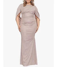 Betsy & Adam Plus Size Drape Back Boat Neck Galaxy Glitter 3/4 Sleeve Sheath Gown