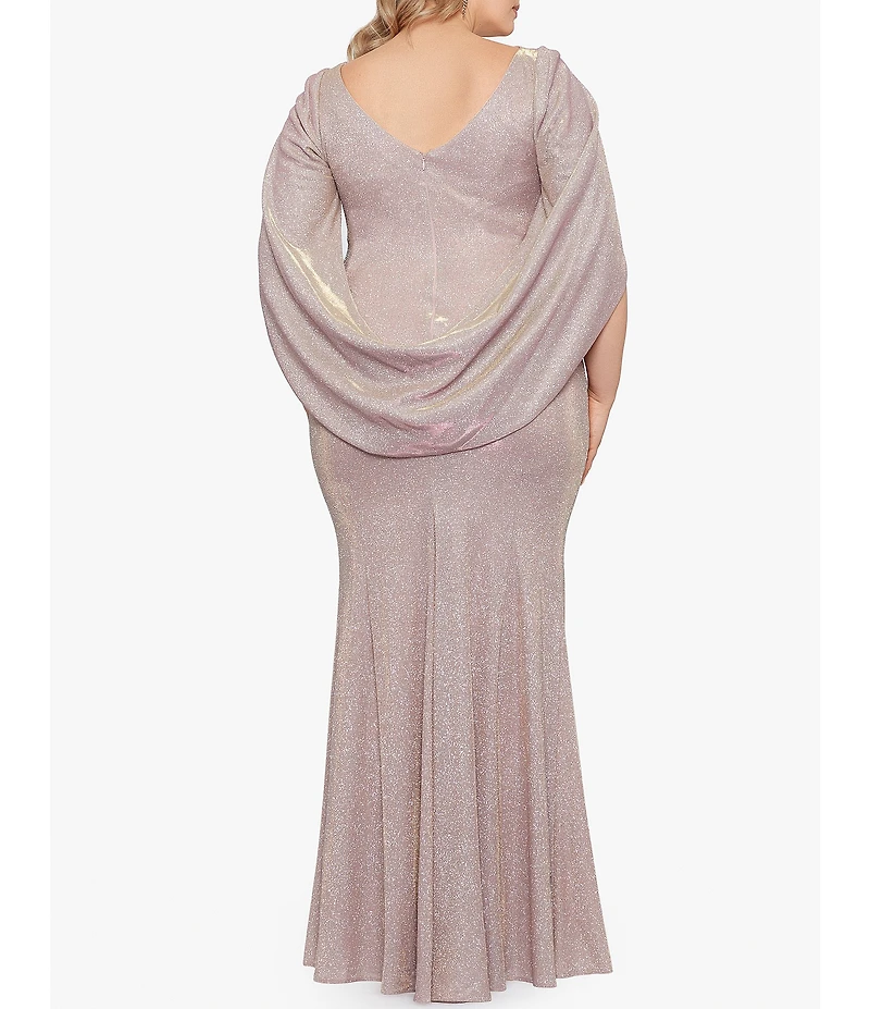 Betsy & Adam Plus Size Drape Back Boat Neck Galaxy Glitter 3/4 Sleeve Sheath Gown