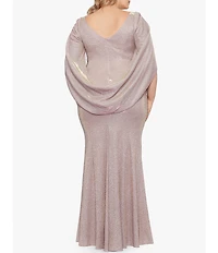 Betsy & Adam Plus Size Drape Back Boat Neck Galaxy Glitter 3/4 Sleeve Sheath Gown