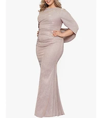 Betsy & Adam Plus Size Drape Back Boat Neck Galaxy Glitter 3/4 Sleeve Sheath Gown