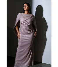 Betsy & Adam Plus Size Drape Back Boat Neck Galaxy Glitter 3/4 Sleeve Sheath Gown