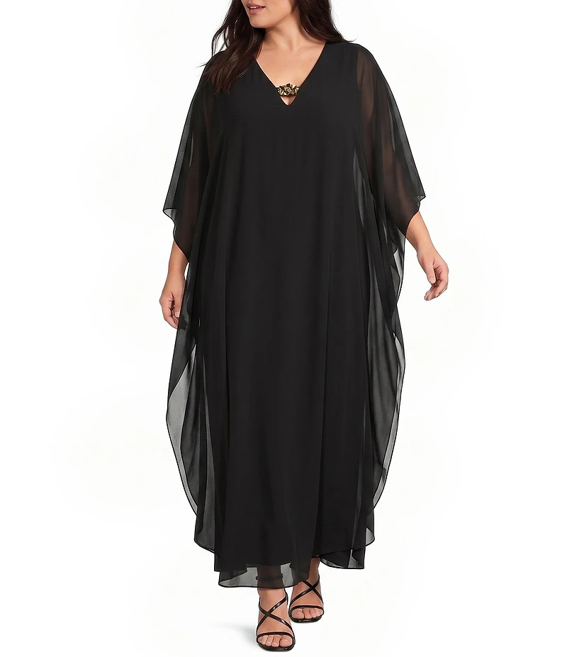 Betsy & Adam Plus Size Embellished Keyhole Neck Cape Sleeve Chiffon Caftan Gown