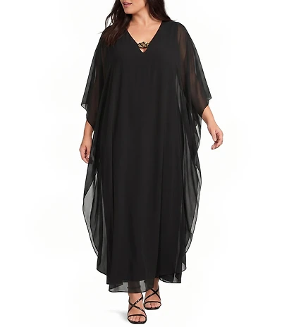 Betsy & Adam Plus Size Embellished Keyhole Neck Cape Sleeve Chiffon Caftan Gown