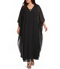 Betsy & Adam Plus Size Embellished Keyhole Neck Cape Sleeve Chiffon Caftan Gown