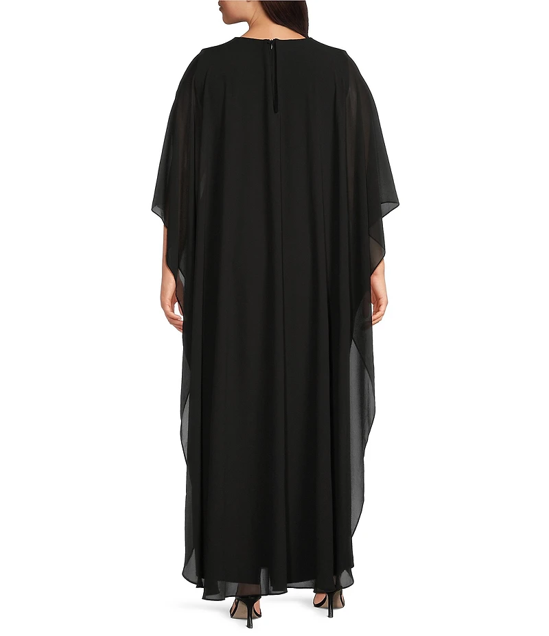 Betsy & Adam Plus Size Embellished Keyhole Neck Cape Sleeve Chiffon Caftan Gown