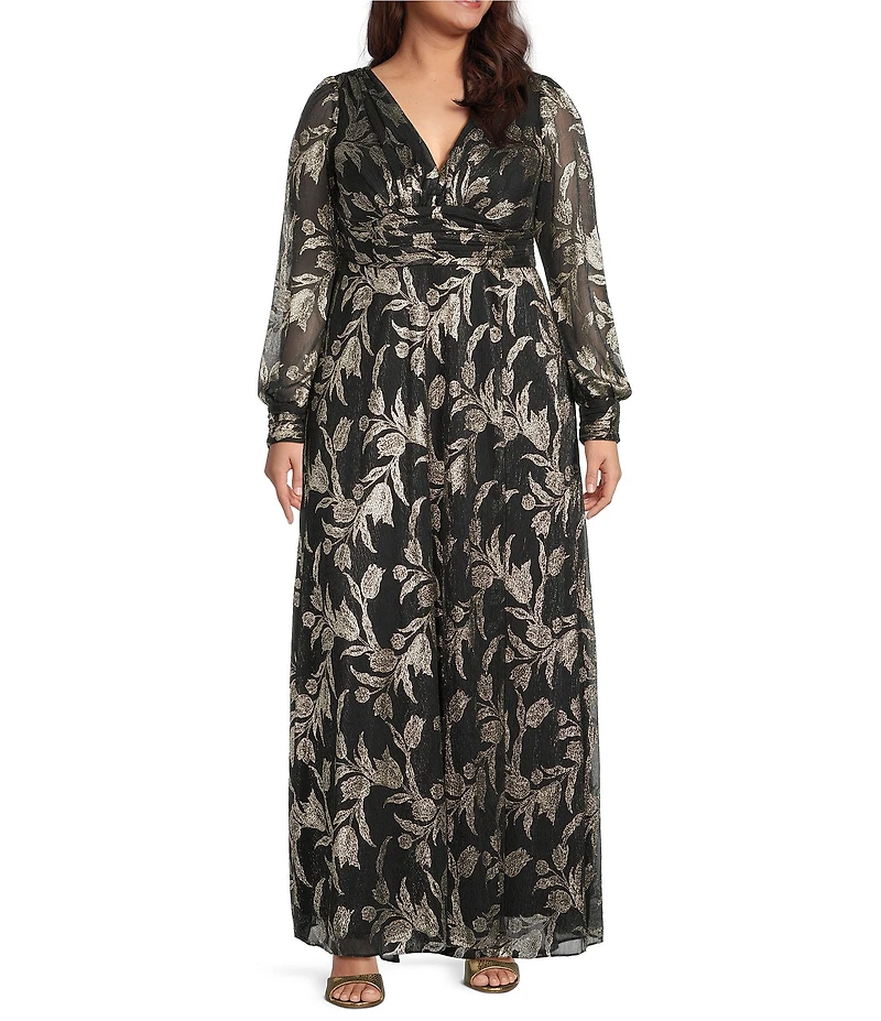 Betsy & Adam Plus Size Floral Print Foil Long Sleeve V-Neck Gown