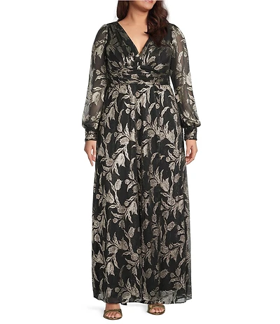 Betsy & Adam Plus Size Floral Print Foil Long Sleeve V-Neck Gown