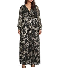 Betsy & Adam Plus Size Floral Print Foil Long Sleeve V-Neck Gown