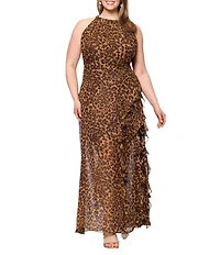 Betsy & Adam Plus Size Halter Neck Leopard Print Maxi Dress