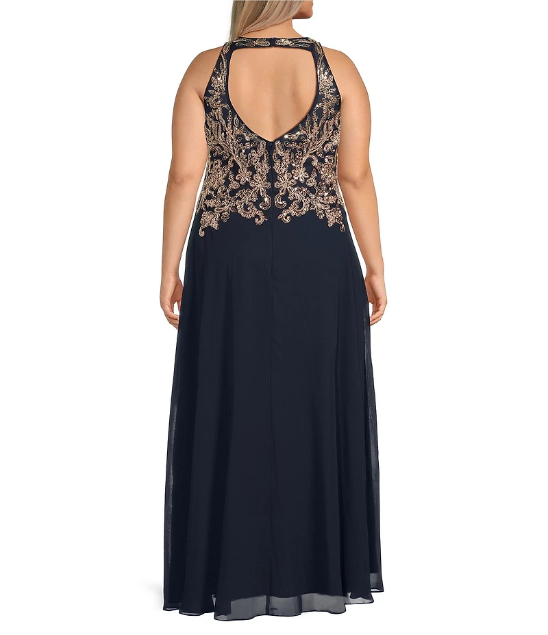 Betsy & Adam Plus Size Halter Neck Sleeveless Beaded A Line Chiffon Gown