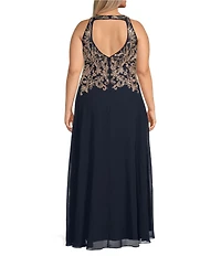 Betsy & Adam Plus Size Halter Neck Sleeveless Beaded A Line Chiffon Gown