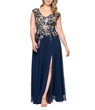 Betsy & Adam Plus Size Long Chiffon Embroidered Floral Sleeveless Dress