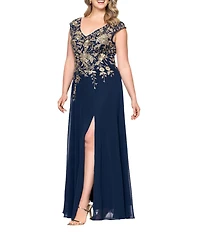 Betsy & Adam Plus Size Long Chiffon Embroidered Floral Sleeveless Dress