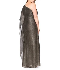 Betsy & Adam Plus Size Metallic Crinkle One Shoulder Ruffle Sleeve Ruched Gown