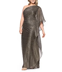 Betsy & Adam Plus Size Metallic Crinkle One Shoulder Ruffle Sleeve Ruched Gown