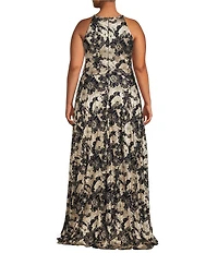 Betsy & Adam Plus Size Metallic Crinkle Sleeveless Halter Neck Foil Floral Print A-Line Gown