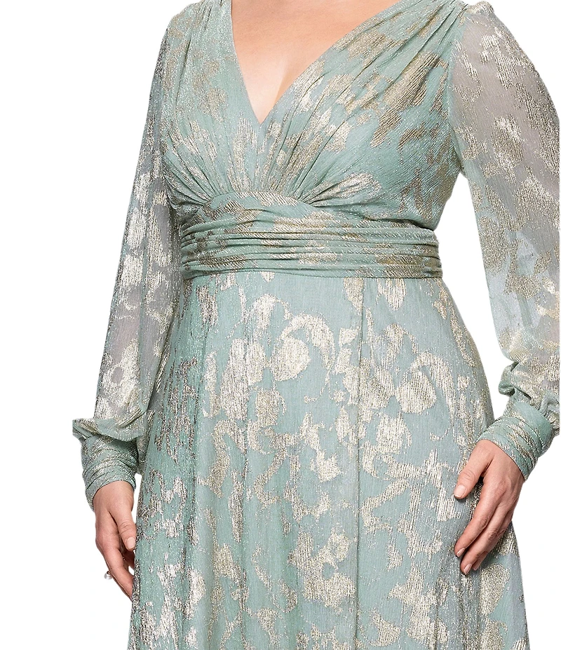 Betsy & Adam Plus Size Metallic Knit Foiled Print V Neck Long Sleeve A-Line Gown