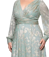 Betsy & Adam Plus Size Metallic Knit Foiled Print V Neck Long Sleeve A-Line Gown