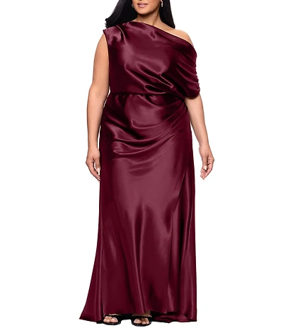 Betsy & Adam Plus Size Off-The-Shoulder Charmeuse Long Blouson Dress