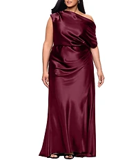 Betsy & Adam Plus Size Off-The-Shoulder Charmeuse Long Blouson Dress