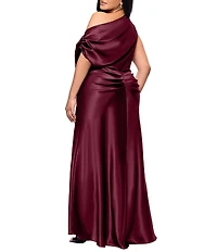 Betsy & Adam Plus Size Off-The-Shoulder Charmeuse Long Blouson Dress