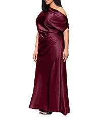 Betsy & Adam Plus Size Off-The-Shoulder Charmeuse Long Blouson Dress