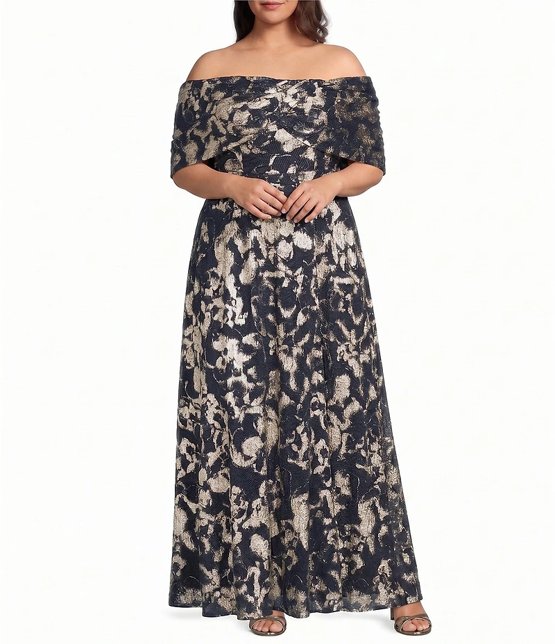 Betsy & Adam Plus Size Off The Shoulder Foil Mesh Long Dress