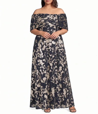 Betsy & Adam Plus Size Off The Shoulder Foil Mesh Long Dress