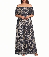 Betsy & Adam Plus Size Off The Shoulder Foil Mesh Long Dress