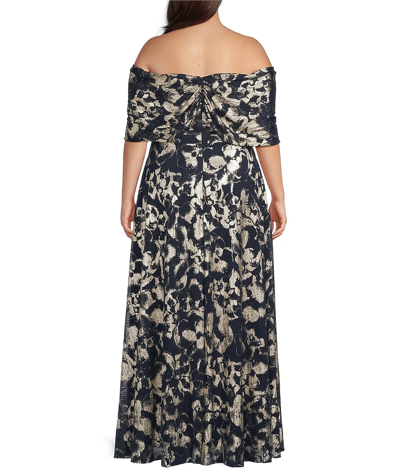 Betsy & Adam Plus Size Off The Shoulder Foil Mesh Long Dress