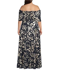 Betsy & Adam Plus Size Off The Shoulder Foil Mesh Long Dress