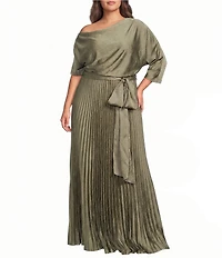 Betsy & Adam Plus Size Off The Shoulder Pleated Skirt Hammered Satin Long Dress