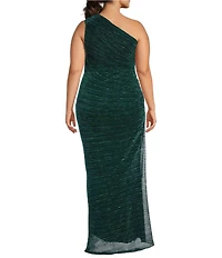 Betsy & Adam Plus Size One Shoulder Asymmetrical Neck Sleeveless Metallic Crinkle Gown