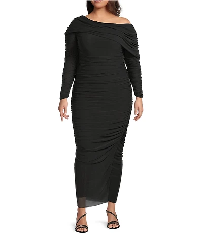 Betsy & Adam Plus Size One Shoulder Long Sleeve Mesh Gown