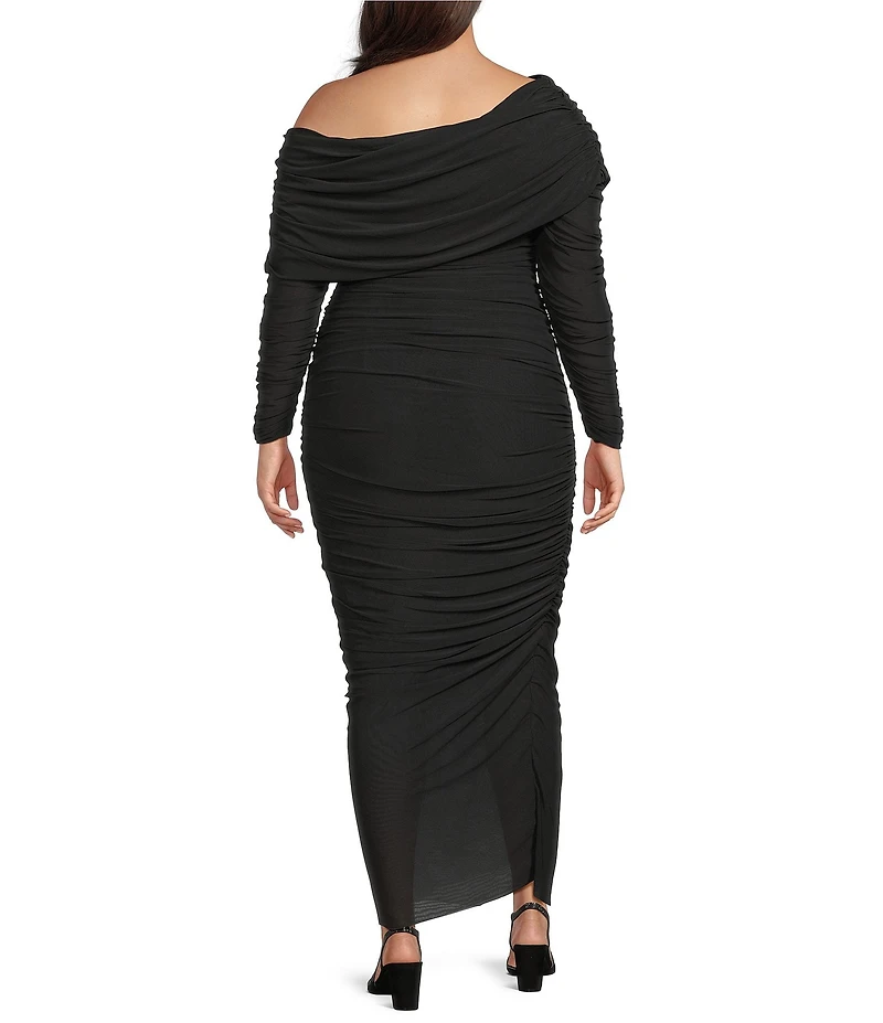 Betsy & Adam Plus Size One Shoulder Long Sleeve Mesh Gown