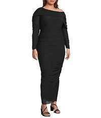 Betsy & Adam Plus Size One Shoulder Long Sleeve Mesh Gown