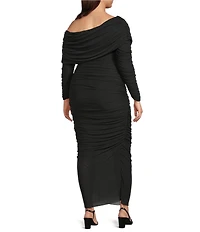 Betsy & Adam Plus Size One Shoulder Long Sleeve Mesh Gown