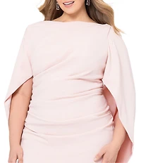Betsy & Adam Plus Size Round Neck Draped Back 3/4 Sleeve Ruched Front Stretch Sheath Dress