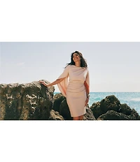 Betsy & Adam Plus Size Round Neck Draped Back 3/4 Sleeve Ruched Front Stretch Sheath Dress